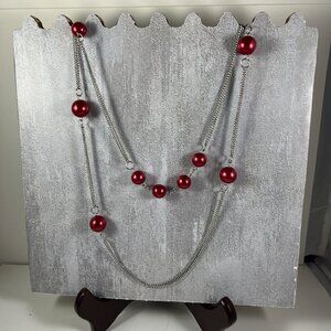 Red Pearl & Silver Chain Layered Necklace With Lobster Clasp Closure